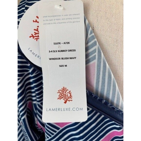 La Mer Luxe 3/4 Sleeve Aubrey Dress in Windsor Blush Navy and Pink Sz M NWT - Picture 3 of 4